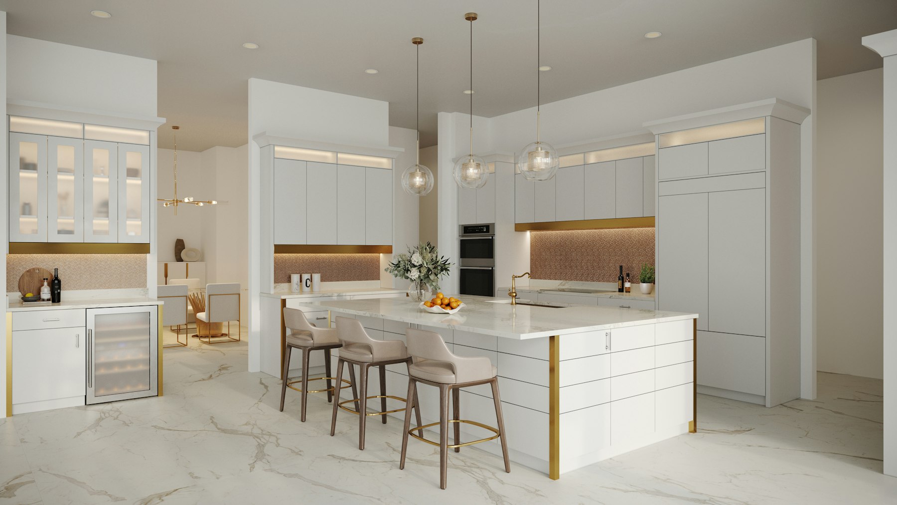 Bright kitchen with a quartz island, brass accents and seating for four